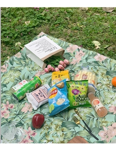 Detail der grünen floralen Picknickdecke auf Gras mit Snacks und Getränken im Freien