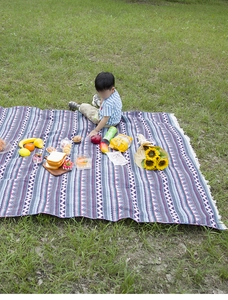 Detail of bohemian picnic blanket with purple geometric patterns and white tassels on grass