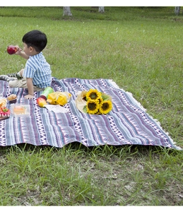 Detailed close-up of Bohemian woven picnic mat featuring purple geometric patterns and fringes