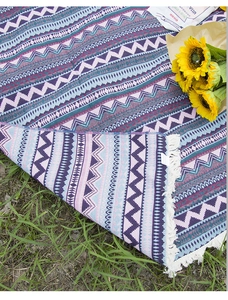 Detail of bohemian picnic mat showing geometric patterns, thick fabric, and white fringe edges