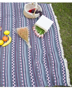 Detailed view of bohemian picnic blanket with purple geometric patterns and fringe tassels