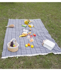 Detail of woven picnic blanket with blue geometric patterns and white tassels on grass
