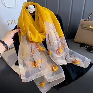Mulberry Silk Blend Women Scarf Luxury Tie-dye Embroidery Beaded Floral Butterfly Shawl Elegant Winter Warm Wrap For Banquet Party