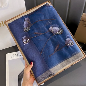 Detailed embroidery and sequins on dark blue silk blend scarf with silver grey edges