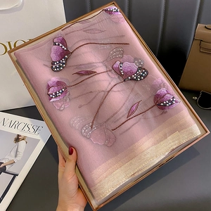 Detail of silk blend scarf with floral embroidery and pearl beads in a gift box