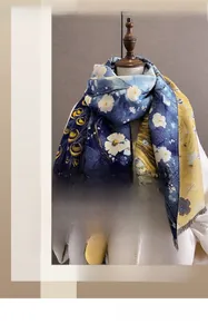 Dettaglio di sciarpa invernale blu scuro con piume di pavone dorate e nappe su cappotto bianco