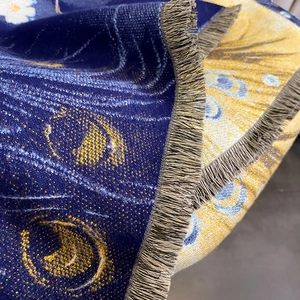 Sciarpa vintage spessa con motivo a stelle, nappe grigie in blu scuro e tonalità oro