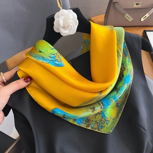 Elegant impressionist oil painting style silk scarf in ginger and emerald green hues