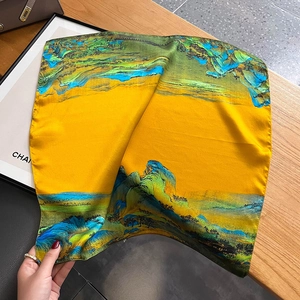 Luxurious pure silk square scarf featuring traditional green mountain landscape patterns