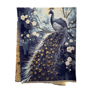 Sciarpa vintage blu navy effetto cashmere con motivi eleganti di pavone e prugna