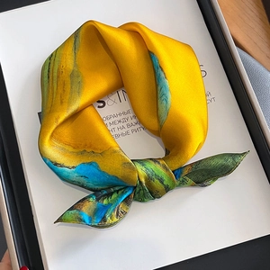 Elegant Square Scarf 100% Mulberry Satin Neckerchief Oil Painting Landscape Print Satin Headband Hair Wrap For Women