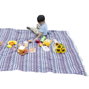 Bohemian ethnic style picnic mat with purple geometric patterns and white fringe edges