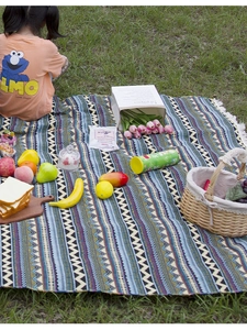 Detail view of Bohemian woven picnic mat with ethnic patterns and white fringe on grass