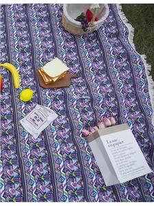 Detail of bohemian picnic blanket with tribal geometric patterns and white fringe on grass