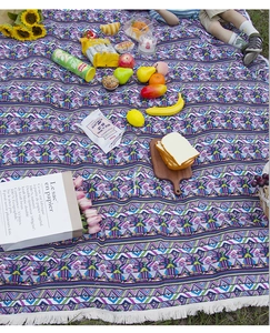 Detailed texture of bohemian woven picnic mat with colorful geometric patterns and white fringe