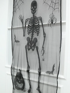 Detail of Halloween black lace mesh curtain with skeleton, spider web and bat motifs