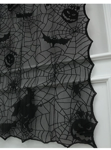 Macro detail of Halloween lace spider web curtain with witch, bat, and pumpkin patterns