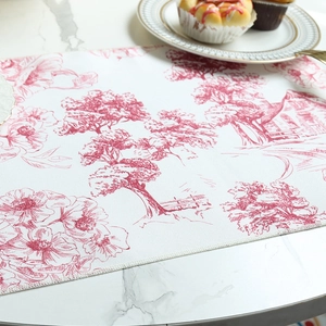 French country style red and white toile de jouy pattern linen placemat on marble table
