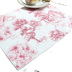 Waterproof linen-style placemat with red European pastoral Toile de Jouy pattern