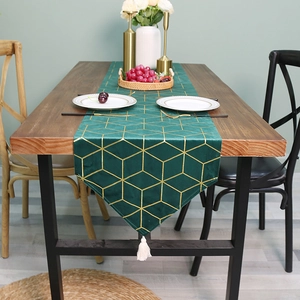Velvet Table Runner With Gold Stamping Geometric Pattern And Tassels Nordic Modern Luxury Kitchen Dining Decor