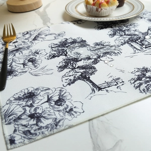 Waterproof toile de jouy table mat with blue vintage pattern on marble surface