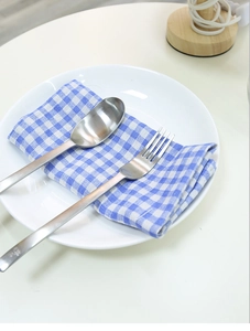 Close-up of polished stainless steel spoon and fork set on a blue checkered mat