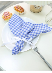 Detail of blue plaid linen placemat with tassel edges and a decorative white silk bow