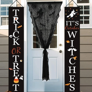 Halloween porch decor set with black lace spiderweb curtain and Trick or Treat banners