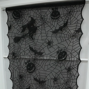 Halloween black lace spiderweb curtain with witch, pumpkin and bat silhouettes decor