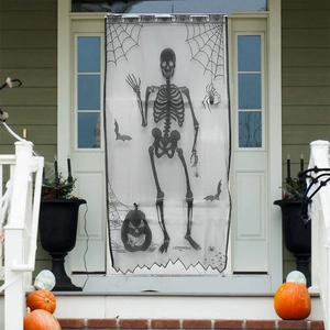 Black Lace Halloween Door Curtain Skeleton Bat Spider Web Pattern Polyester Mesh Gothic Holiday Party Home Decoration