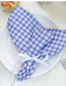 Close-up of blue gingham cotton placemat folded with a white silk ribbon bow on a plate