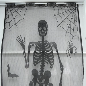 Halloween black lace door curtain with skull, bat and spider web holiday decorations