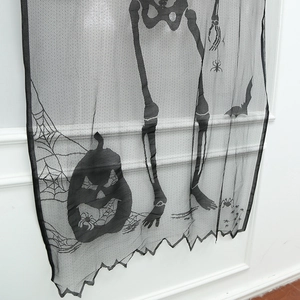 Halloween black lace door curtain featuring skull pumpkin spider and bat motifs