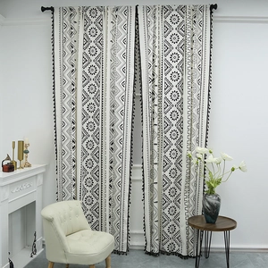 Bohemian black and white geometric print linen kitchen curtains with tassels