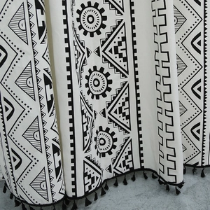 Bohemian black and white geometric print cotton linen curtain with black tassel fringe