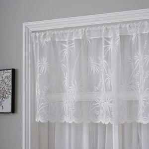 White lace coffee curtain with palm tree pattern and scalloped hem for kitchen window