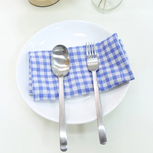 Minimalist stainless steel spoon and fork set on blue plaid placemat and white plate