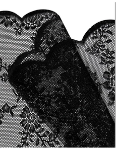 Detailed view of black wavy lace fabric with intricate floral patterns and scalloped edges