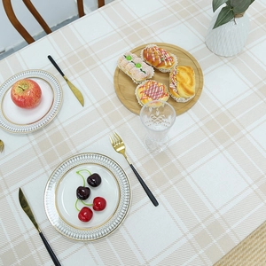 Nordic beige checkered cotton linen tablecloth with elegant dinnerware settings