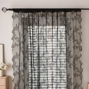 French Vintage Black Lace Sheer Curtains Floral Scalloped Edge Window Screen Panels For Living Room Bedroom Home Decor