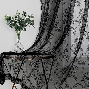 Elegant black wave lace sheer curtain with floral embroidery for living room windows