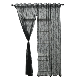 Retro black floral lace sheer curtains with elegant scalloped edges and metal grommets