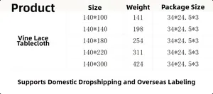 Size guide for white vine lace tablecloth featuring weights and packaging details