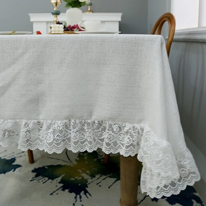 Rectangle off-white linen tablecloth with wide floral lace edges for home dining decor