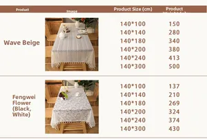 Detailed size chart for lace linen tablecloths with weight and dimension specifications