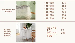 Size chart showing various dimensions for lace tablecloth with tree and phoenix patterns