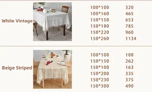 Detailed size chart for vintage white and beige striped lace tablecloths in various sizes