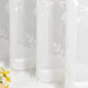 White floral embroidery sheer curtain with delicate milk silk lace details for living rooms