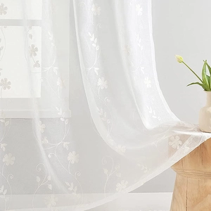 Elegant white milk silk sheer curtains with floral embroidery for living room windows