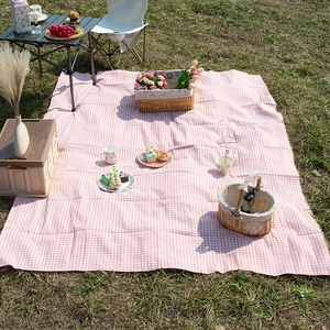 Pink and white checkered picnic mat with fringe edges on a green lawn outdoors